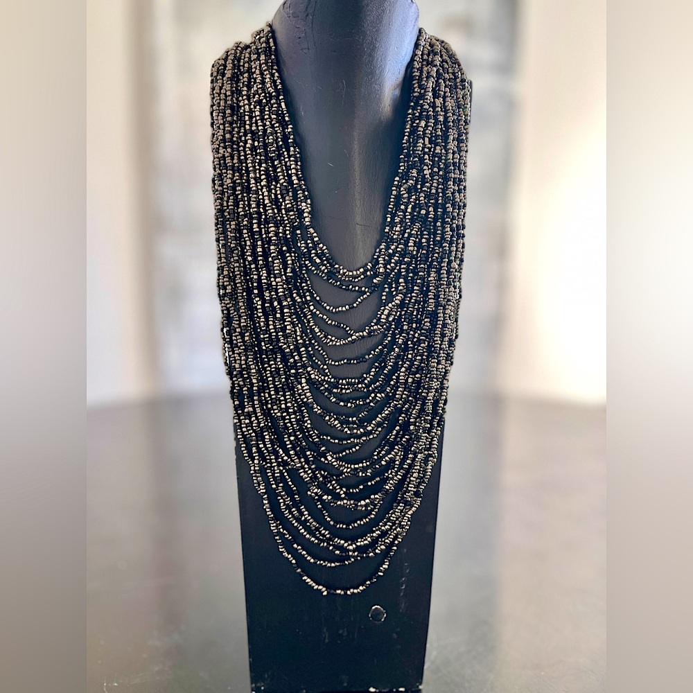 Black and Gunmetal Gray Multi-Strand Beaded Necklace